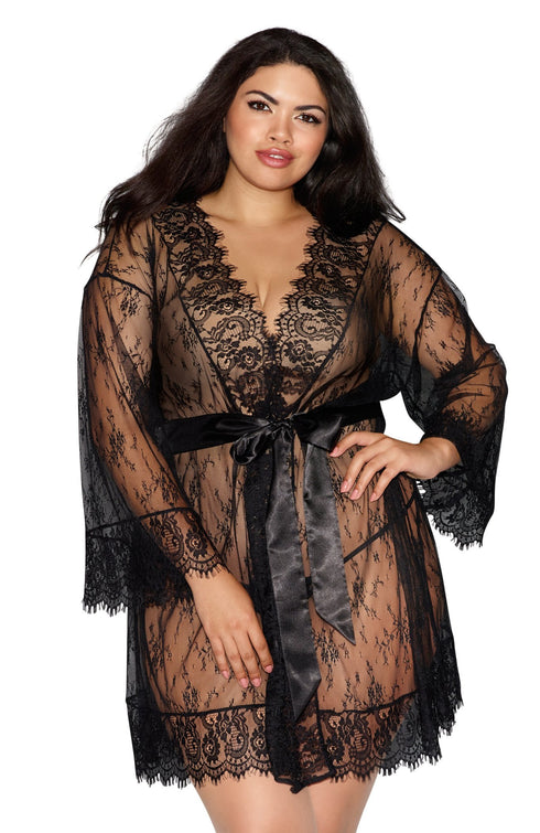 Dreamgirl Plus Size Romantic Lace Long-Sleeved Kimono Robe
