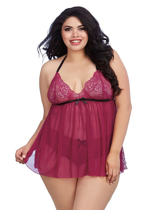 Dreamgirl Plus Size Stretch Lace Babydoll With Lace Panty Set