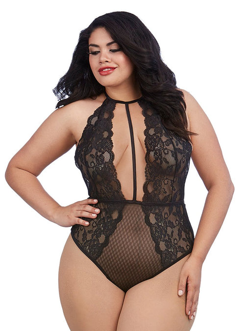 Dreamgirl Plus Size Stretch Lace Teddy With Plunge Front