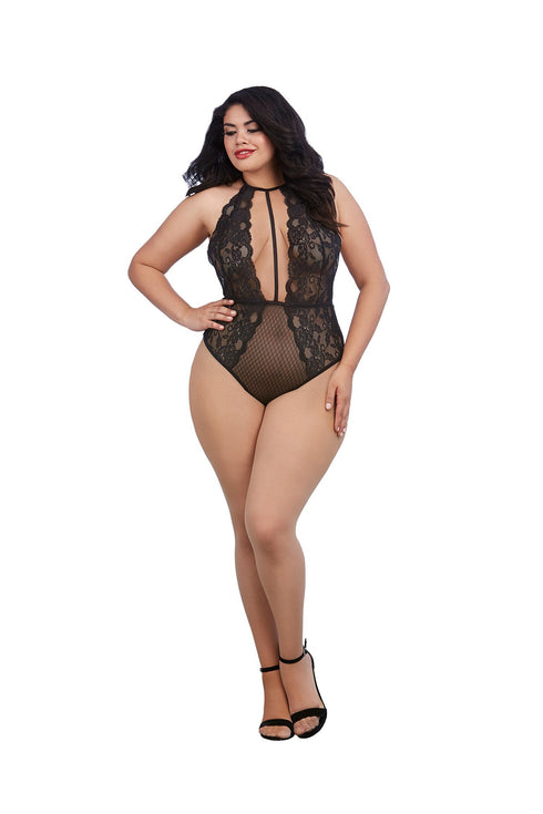 Dreamgirl Plus Size Stretch Lace Teddy With Plunge Front