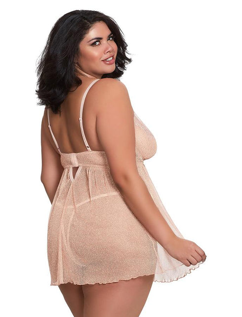 Dreamgirl Plus Size 2 Piece Metallic Mesh Babydoll And Thong Set