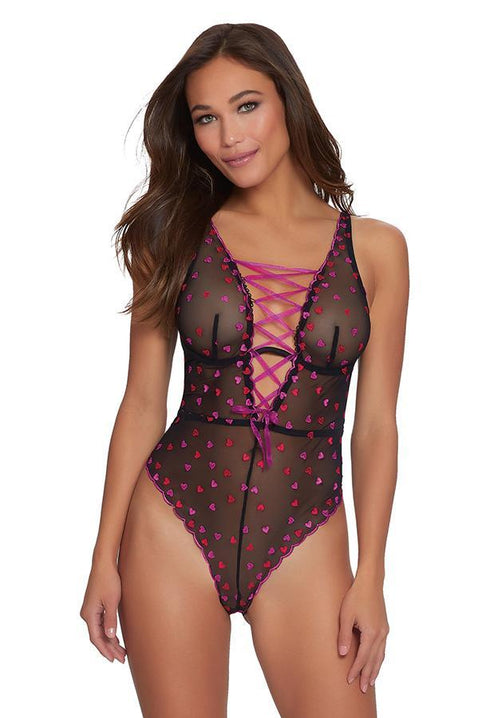 Dreamgirl Pink And Heart Embroidery Stretch Mesh Teddy