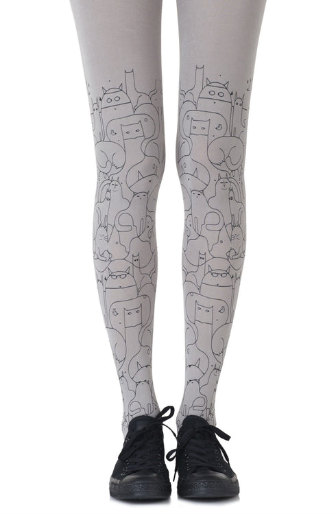 Zohara "Cat Lady" Light Grey Print Tights